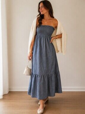 GAP Blue Chambray Preppy A-line Strapless Smocked Midi Tiered Skirt Size Large